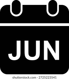 Ícone do calendário de junho em estilo preto plano. Símbolo de data de mês vetorial e planejador de cronograma mínimo para lembrete, gerenciamento de eventos, negócios e design de tempo isolados em plano de fundo transparente.