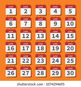 June calendar icons set on june color scheme background