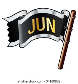 June calendar month icon on black, silver, and gold vector flag good for use on websites, in print, or on promotional materials