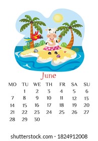 June calendar page 2021 with bull on the desert island. Summer outdoor scene. Vector illustration and calendar grid.