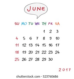 June calendar page with original hand drawn text and speech bubble over white