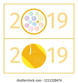 June Calendar Page Template 2019.  Design of months in form of circles in the middle of number 2019. Name of month is abbreviated with  increased first letter. EPS 10 Vector.