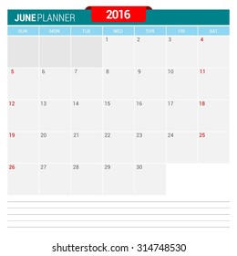 June Calendar Planner 2016 Vector Design Template. Week Starts Sunday. vector illustration