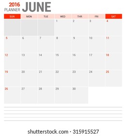 June Calendar Planner 2016 Vector Design Template. Week Starts Sunday. vector illustration