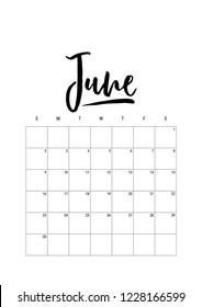 June. Calendar planner 2019, week starts on Sunday. Part of sets of 12 months. Wall desk calendar vector template print A4 size, simple black and white minimal design ink hand drawn lettering