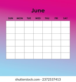 June. Calendar planner. Corporate week. Template layout, 12 months yearly, white background. Simple design for business brochure, flyer, print media, advertisement. Week starts from Monday.