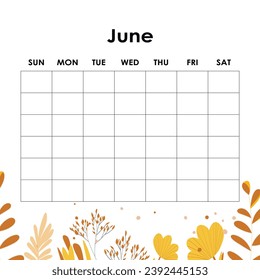 June. Calendar planner. Corporate week. Template layout, 12 months yearly, white background. Simple design for business brochure, flyer, print media, advertisement. Week starts from Monday.