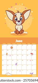 June calendar planner featuring a cute chihuahua pup standing on a cloudy platform in a warm yellow summer theme. Vector illustration.