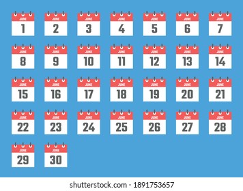 june calendar sign set vector illustration, color signs for all dates of the june