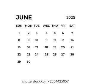 June calendar template for 2025 year. Wall calendar in a minimalist style.