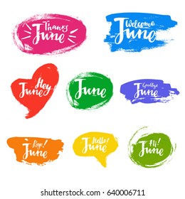 June calligraphic set with spot on the background. Brush calligraphy, hand lettering. For calendar, schedule, diary, journal, postcard, label, sticker and decor.