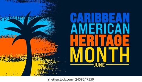 June ist karibische American Heritage Month Hintergrund-Vorlage mit Pinselstrich Vektorgrafik und Palmenbaum-Design. Festliche Musik-Konzept. Verwendet für Hintergrund-, Banner-, Plakat-, Karten- und Poster-Design