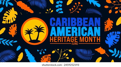 June ist karibisches American Heritage Month Blattmuster Hintergrund mit Palmenbaum Vorlage. Festliche Musik-Konzept. Verwenden Sie, um Hintergrund-, Banner-, Plakat-, Karten- und Poster-Design-Vorlage mit Textinschrift zu verwenden