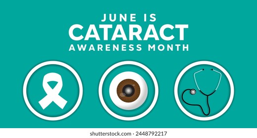 June is Cataract Awareness Month. Ribbon, eye and stethoscope. Great for cards, banners, posters, social media and more. Easy green background.
