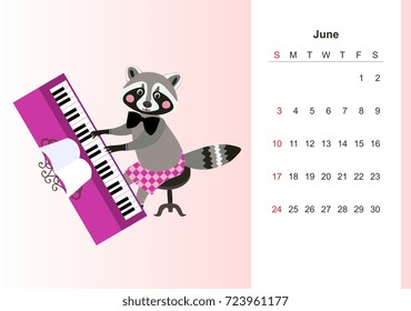 June. Colorful monthly calendar for 2018 with cute raccoon. Lovely page design for kids. Romantic musician at the piano.