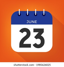 June day 23. Number twenty-three on a white paper with blue color border on a orange background vector.