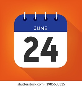 June day 24. Number twenty-four on a white paper with blue color border on a orange background vector.