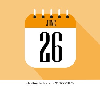 June day 26. Calendar icon on a white paper with orange color border on a clear background vector.