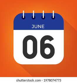 June day 6. Number six on a white paper with blue color border on a orange background vector.