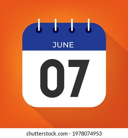 June day 7. Number seven on a white paper with blue color border on a orange background vector.