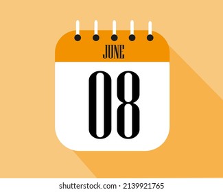 June day 8. Calendar icon on a white paper with orange color border on a clear background vector.