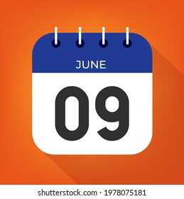 June day 9. Number nine on a white paper with blue color border on a orange background vector.