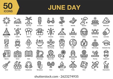 June Day icon set. Includes day, june, year, month, calendar, planner, earth, and More. Outline icons vector collection.