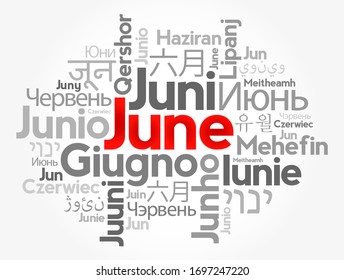 Junio en diferentes idiomas del mundo, fondo de concepto de nube de palabras