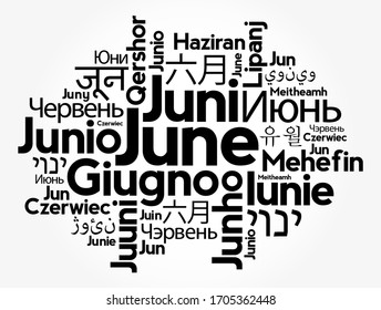 Junio en diferentes idiomas del mundo, fondo de concepto de nube de palabras