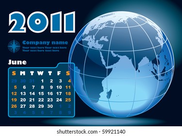 June - the Earth blue calendar for 2011, weeks starts on Sunday