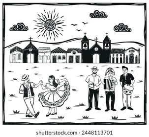 June festival with couple dancing, music band playing, village of houses and church. Woodcut in northeastern cordel style. Vector illustration