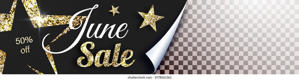 June Golden glitter Sale banner with stars and space for your image with open gift wrap paper concept. Vector illustration