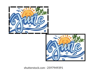 June. Handwritten month name on white background. Vector text element with black inscription. Modern brush calligraphy style 2025