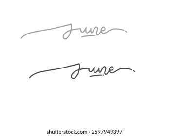 June. Handwritten month name on white background. Vector text element with black inscription. Modern brush calligraphy style 2025