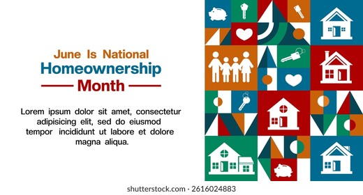 June Is Homeownership Month. Geometric style, family, home, key, piggy, heart and area for text. Suitable for posters, banners, social media and more. White background.