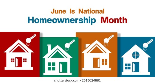 June Is Homeownership Month. Home and key. Suitable for posters, banners, social media and more. White background.