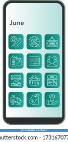june icon set. included shopping bag, newsletter, handshake, shop, price tag, phone call, jacket, delivery truck, barcode, internet, shopping basket icons on phone design background . linear styles.