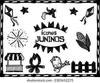 June icons set. Quite useful for themes of São João festivities, traditional in the northeast of Brazil. Separated vectors in woodcut and cordel literature style.