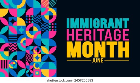 Juni ist Immigrant Heritage Month geometrische Form Muster Hintergrund Design Vorlage. Festliche Musik-Konzept. Verwenden Sie, um Hintergrund-, Banner-, Plakat-, Karten- und Poster-Design-Vorlage mit Textinschrift.