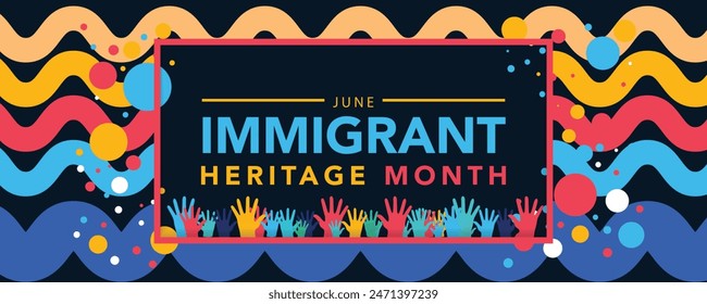 Juni ist Immigrant Heritage Month geometrische Form Muster Hintergrund Design Vorlage. Festliche Musik-Konzept. Verwenden Sie, um Hintergrund-, Banner-, Plakat-, Karten- und Poster-Design-Vorlage mit Textinschrift.
