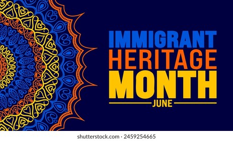 Junio es el Mes del Patrimonio Inmigrante Mandala Plantilla de diseño de fondo. Concepto de Festiva. se utiliza para la Plantilla de fondo, Anuncio, cartel, tarjeta y diseño de póster con inscripción de texto.