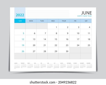 June layout design, calendar 2022 year template, Planner simple, Desk calendar 2022 design, Week Starts on Sunday, Wall calendar design, printing media, advertisement, office organizer, vector
