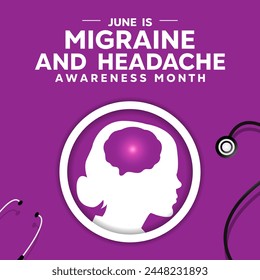 June is Migraine And Headache Awareness Month. Women, brain and stethoscope. Great for cards, banners, posters, social media and more. Purple background.