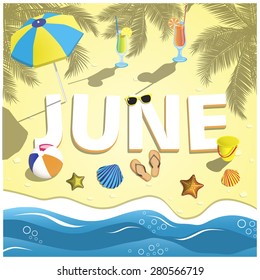 June Month Beach Sign. Vector Summer Illustration