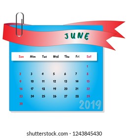 June month calendar 2019 vector with blue background and red ribbon with paper clip. Happy new year 2019
