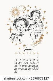 June month calendar with hand drawn gemini zodiac signs illustration, planets, sun, moon, stars. Horoscope background, astrology planner in black and gold colors.