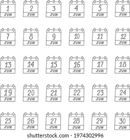 June month calendar set page hand drawn in doodle style. minimalism monochrome scandinavian nordic liner. planning, business, date, day. collection icon, print