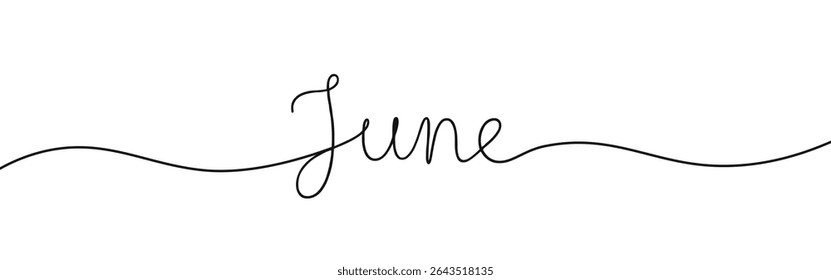June month continuous one line drawing with word. Minimalistic drawing of phrase illustration.
