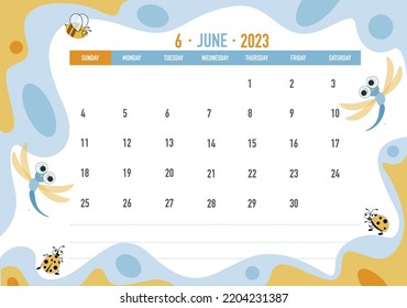 June month. Insects calendar 2023. Business. Week starts on Sunday. Horizontal calendar page.