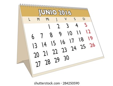 June month in a year 2016 calendar in spanish. Junio 2016. Calendario 2016